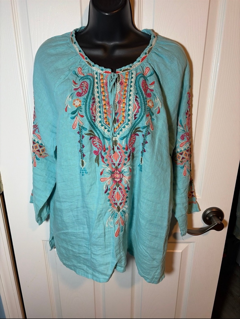 Johnny Was Aqua Embroidered Boho Tunic